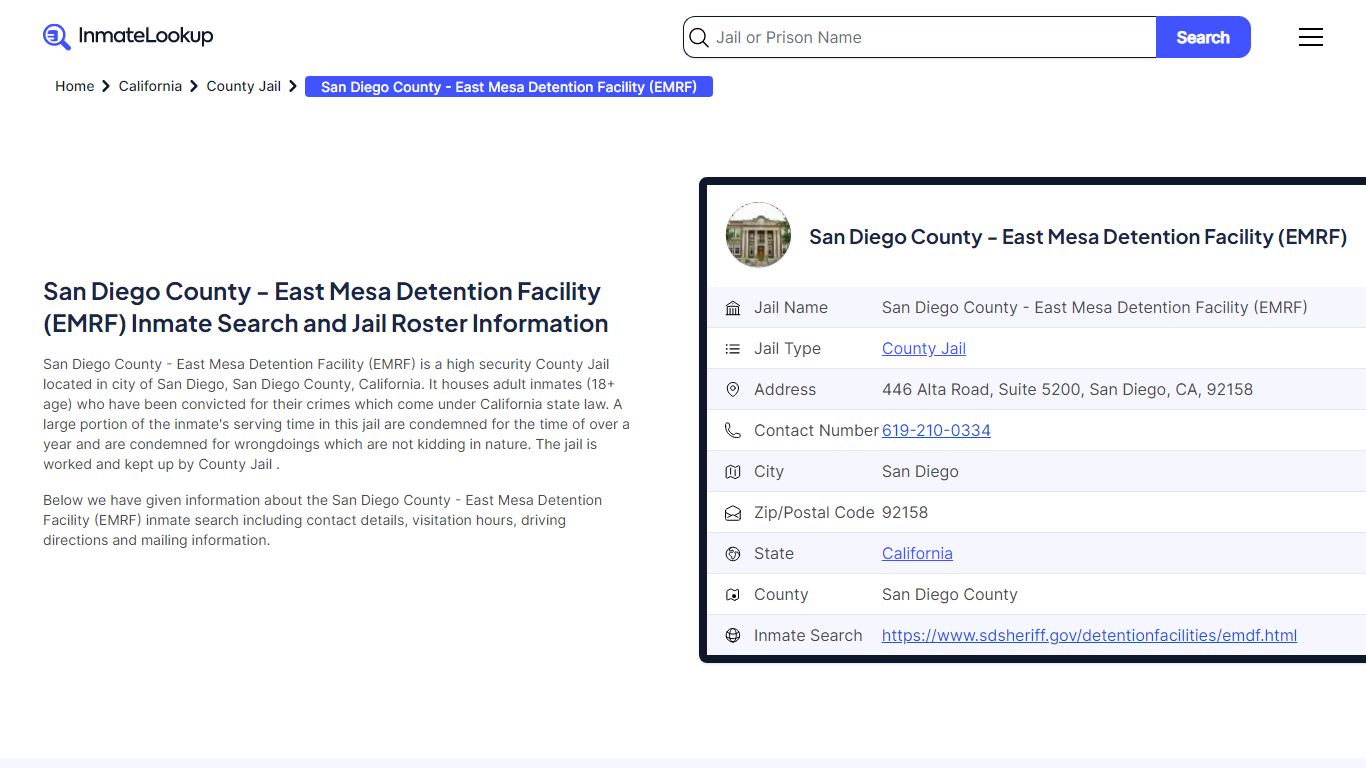 San Diego County - East Mesa Detention Facility (EMRF) Inmate Search ...